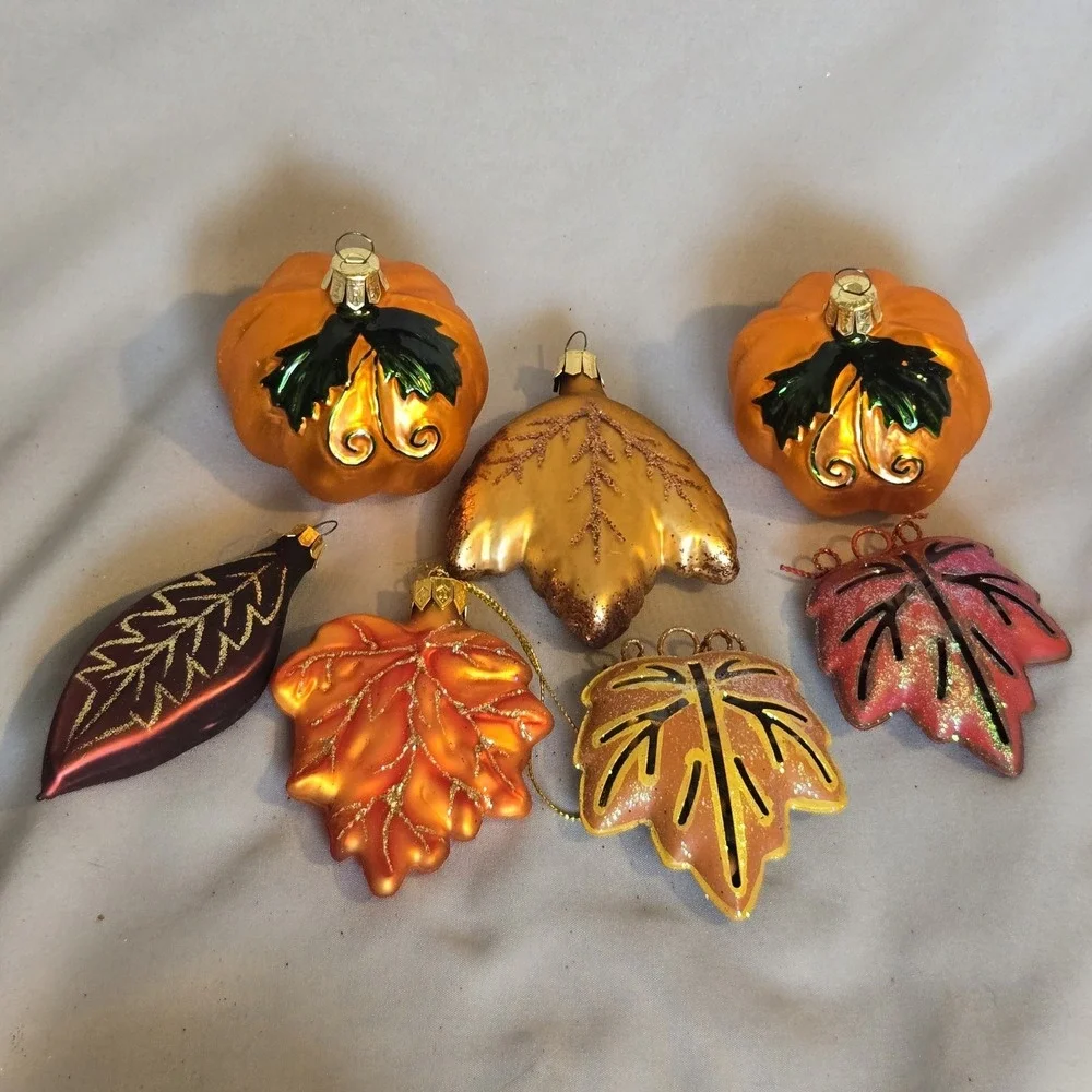 Pier 1 Fall Glass Ornaments Lot 7 Pumpkins Autumn Leaves Thanksgiving Glitter